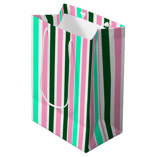 Roze en groene strepen medium cadeauzakje (Voorkant Gekanteld)