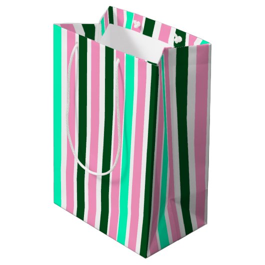 Roze en groene strepen medium cadeauzakje (Achterkant Gekanteld)