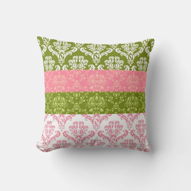 Roze en groene Stripe Damask Kussen (Voorkant)