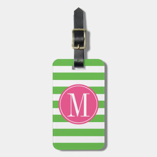 Roze en groene stripes op aangepast monogram bagagelabel