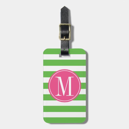 Roze en groene stripes op aangepast monogram bagagelabel (Voorkant verticaal)
