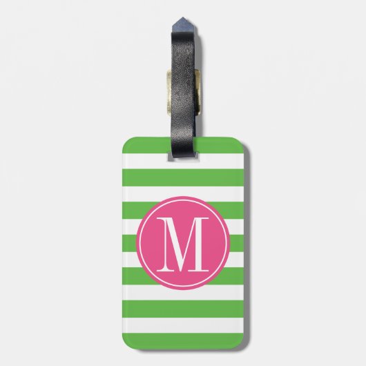 Roze en groene stripes op aangepast monogram bagagelabel (Achterkant verticaal)