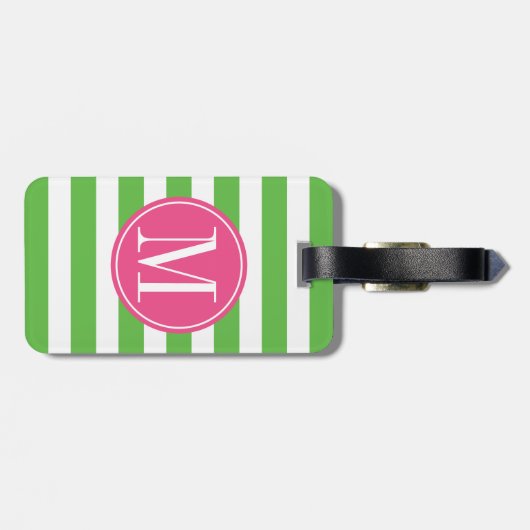 Roze en groene stripes op aangepast monogram bagagelabel (Achterkant horizontaal)