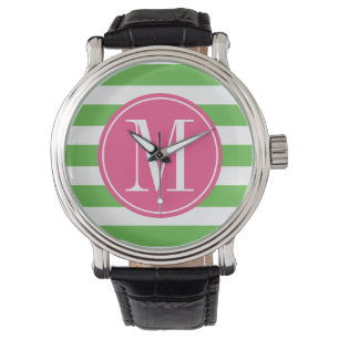 Roze en groene stripes op aangepast monogram horloge