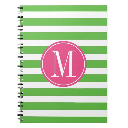 Roze en groene stripes op aangepast monogram notitieboek (Voorkant)