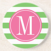 Roze en groene stripes op aangepast monogram zandsteen onderzetter (Voorkant)