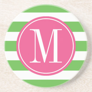 Roze en groene stripes op aangepast monogram zandsteen onderzetter