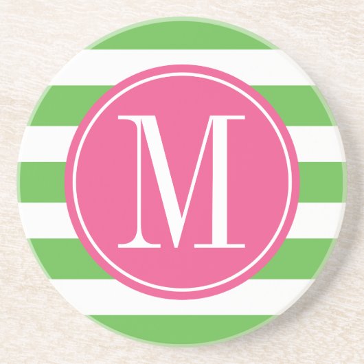 Roze en groene stripes op aangepast monogram zandsteen onderzetter (Voorkant)
