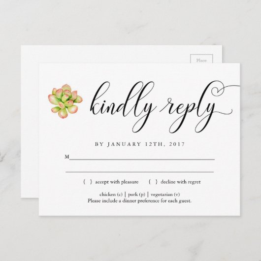 Roze en groene succulent RSVP Briefkaart (Voorkant / Achterkant)