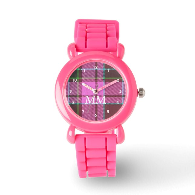 Roze en groene tartan plaid monogrammed horloge (Voorkant)