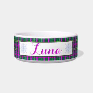 Roze en groene tartan sneeuwvlok ruit naam voerbakje