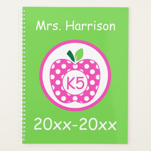 Roze en Groene Teacher's Apple Gepersonaliseerd Planner (Voorkant)
