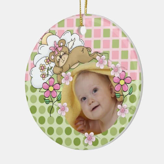 Roze en Groene Teddybeer Baby Ornament (Links)