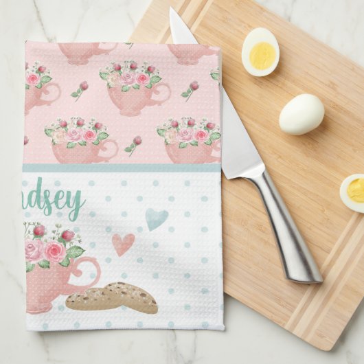 Roze en groene thee en cupcakes gepersonaliseerd theedoek (Quarter Fold)