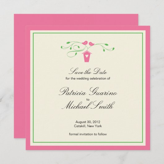 Roze en groene Tortelduifjes | Datum opslaan Save The Date (Voorkant / Achterkant)