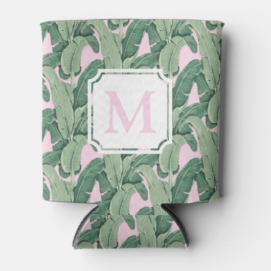 Roze en groene tropische bladeren | Monogram Caban Blikjeskoeler (Voorkant)