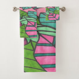 Roze en groene tropische bladzijden afdrukken bad handdoek