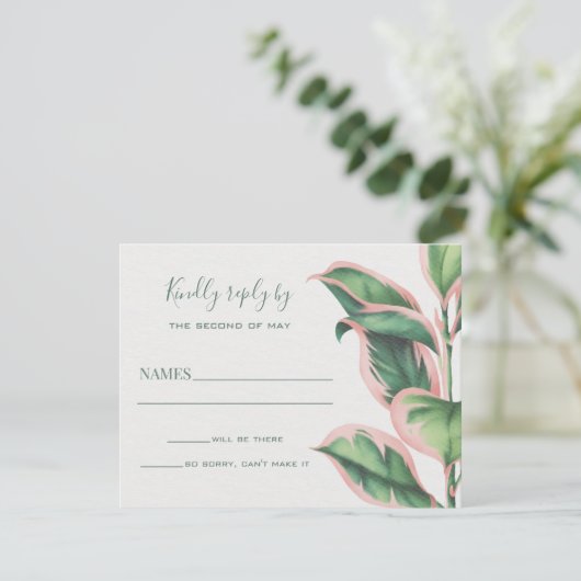 Roze en groene Tropische Foliage RSVP-kaart RSVP Kaartje (Staand voorkant)