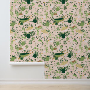 Roze en Groene Tuinpatroon Behang