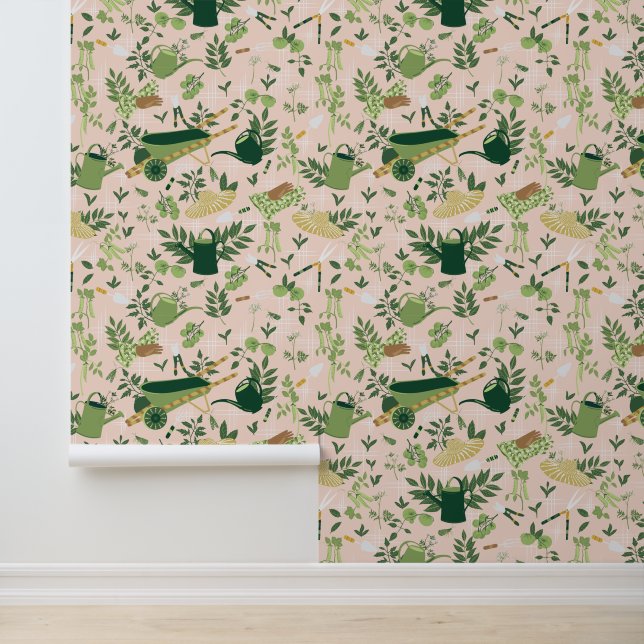 Roze en Groene Tuinpatroon Behang (Applicatie)