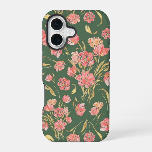 Roze en groene tulp waterverf bloemschildering iPhone 16 hoesje (Achterkant)