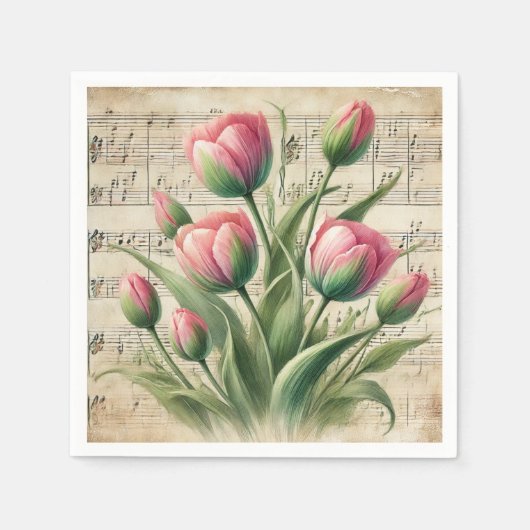Roze en groene tulpensheetmuziekdecoupage in vinta servet (Voorkant)