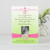 Roze en groene uitnodiging met monogram & foto (Staand voorkant)