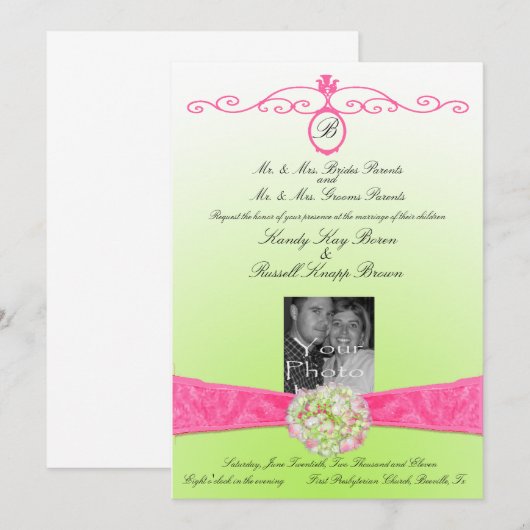 Roze en groene uitnodiging met monogram & foto (Voorkant / Achterkant)