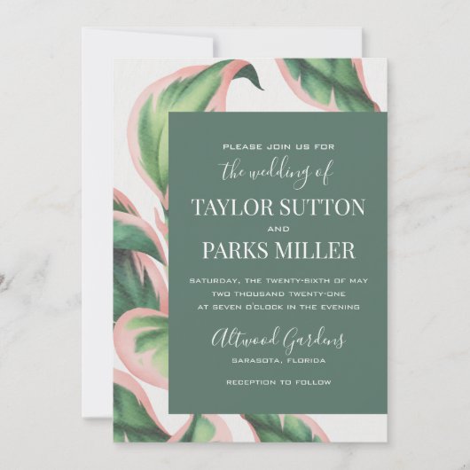 Roze en groene uitnodiging voor een tropisch huwel (Voorkant)