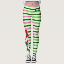 Roze en groene vakantiestrepen met sneeuwman leggings