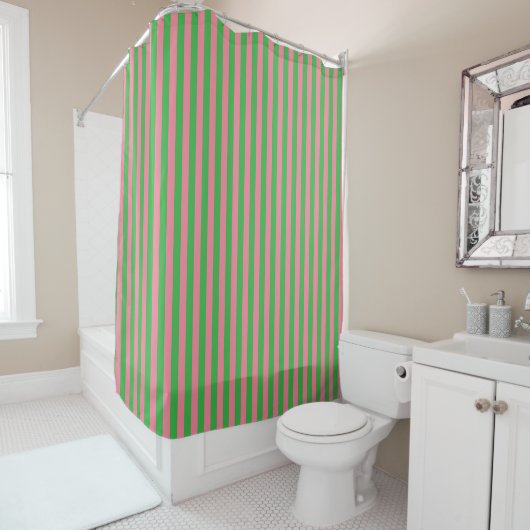 Roze en Groene Verticale Striped Shower Curtain Douchegordijn (In situ)