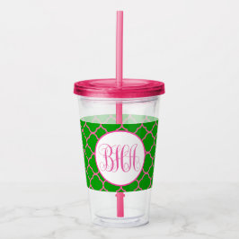Roze en groene vierlobbig motief en monogram acryl drinkbeker