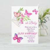 Roze en groene vlinder Baby shower Kaart (Staand voorkant)
