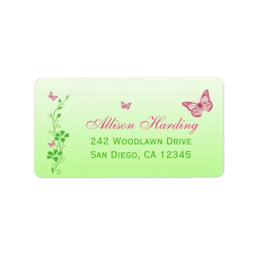 Roze en groene vlinder Floral Adres Etiket (Voorkant)