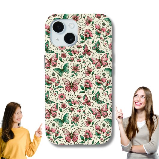Roze en groene vlinders bloemenpatroon Case-Mate iPhone case