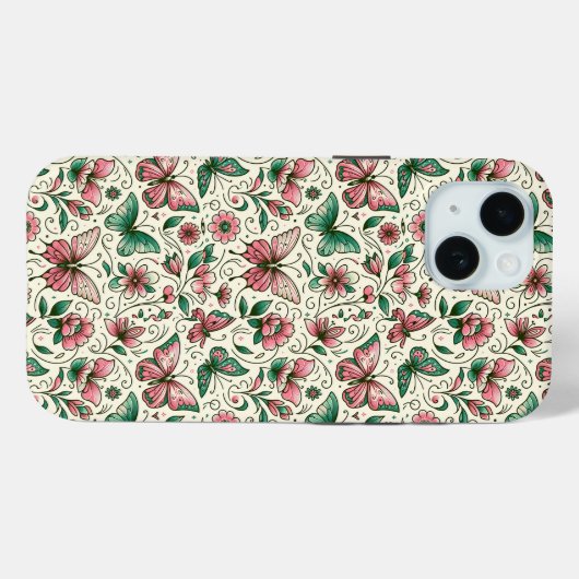 Roze en groene vlinders bloemenpatroon Case-Mate iPhone case (Achterkant (horizontaal))