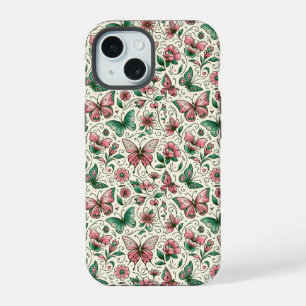 Roze en groene vlinders bloempatroon iPhone 15 case
