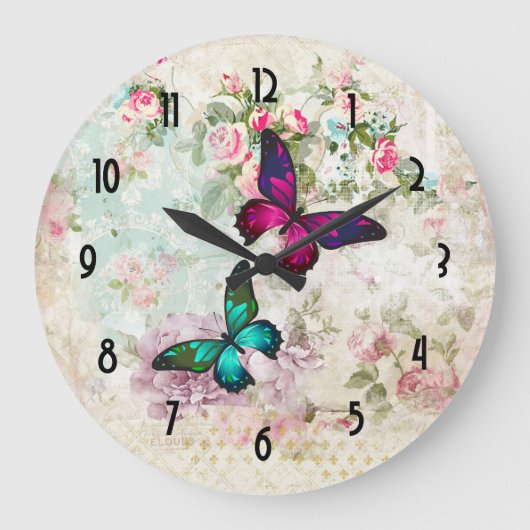 Roze en groene vlinders op de  Rozen van Shabby Grote Klok (Voorkant)