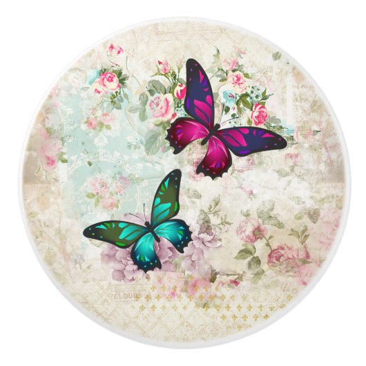 Roze en groene vlinders op de  Rozen van Shabby Keramische Knop (Voorkant)