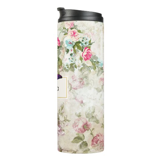 Roze en groene vlinders op de  Rozen van Shabby Thermosbeker (Geroteerd rechts)