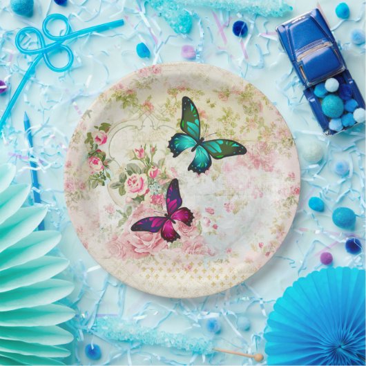 Roze en groene vlinders op  patroon papieren bordje (Feest)