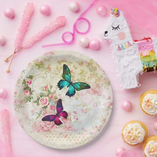 Roze en groene vlinders op patroon papieren bordje (Feest)