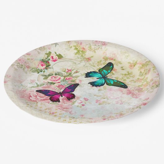 Roze en groene vlinders op patroon papieren bordje (Gekanteld)