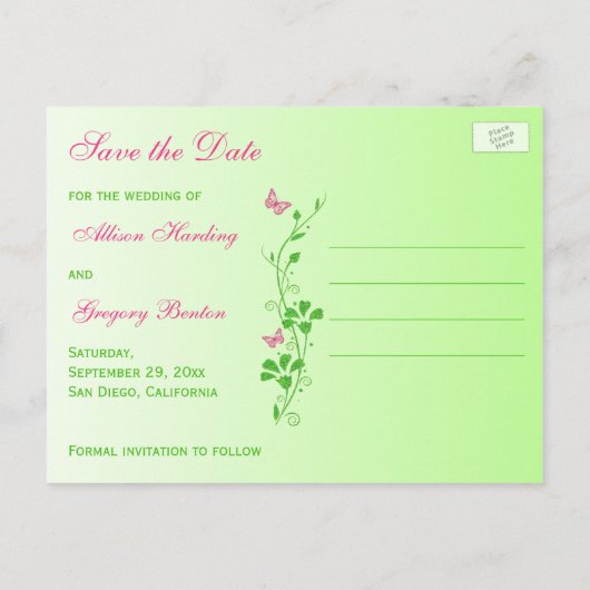 Roze en Groene Vlinders Sla het Date Briefkaart op (Achterkant)