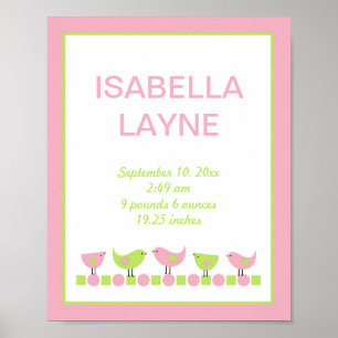 Roze en groene vogels, neursery Wall Art Poster