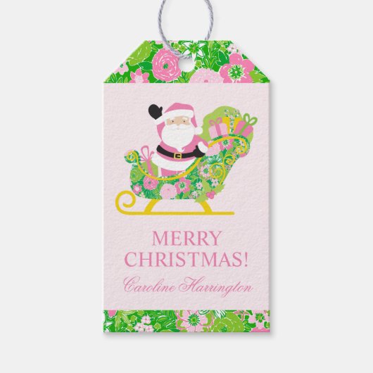 Roze en groene voorbereide Palm Beach Kerstman Cadeaulabel (Voorkant)