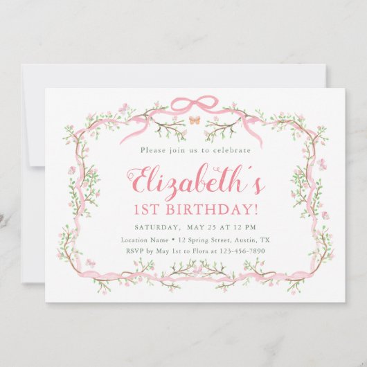 Roze en groene voorjaarstuin 1e verjaardagsfeest kaart (Voorkant)