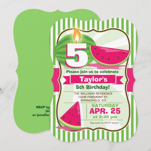 Roze en groene watermeloen, verjaardagsfeest van K Kaart (Voorkant / Achterkant)