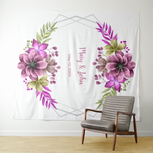 Roze en groene waterverf bloem bruiloftsfoto wandkleed (In Situ (horizontaal))