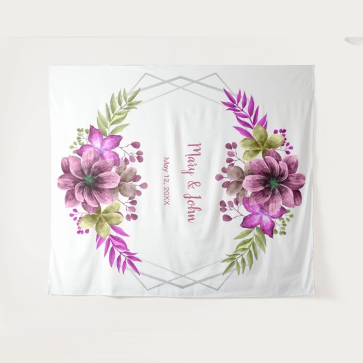 Roze en groene waterverf bloem bruiloftsfoto wandkleed (Voorkant (horizontaal))